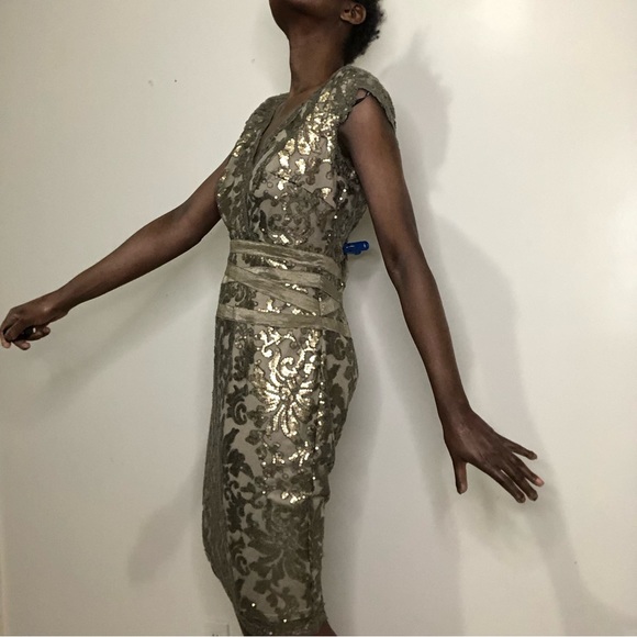 TADASHI SHOJI | Smoke Gold Illusion Lace Sequin Sheath Dress - Picture 4 of 7